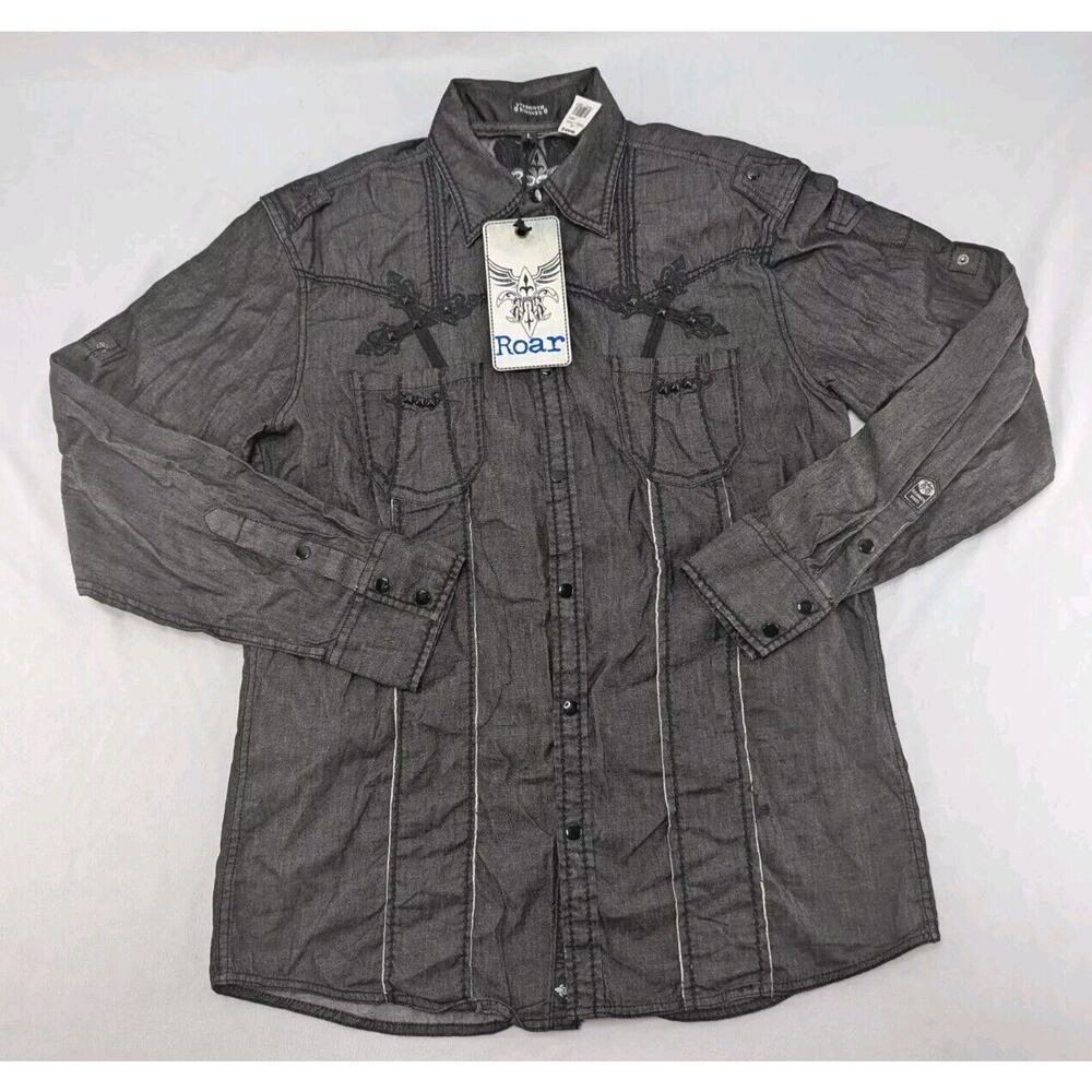 Roar By Buckle Button‎ Up Shirt Men Sz L Pearl Snap Embroidered Black NWT New